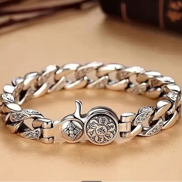 Stainless Steel Chain Link Bracelet, Mantra, Screwbar Curb Chain - Picture 3 of 13